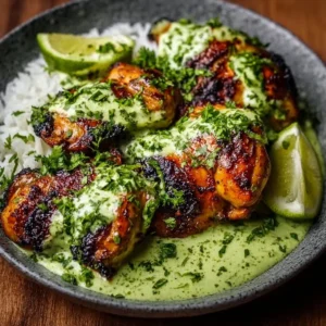 Delicious Peruvian chicken served with creamy green sauce on a plate