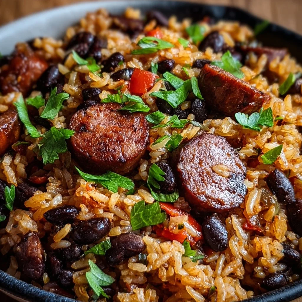 Home Delicious black beans and rice with sausage served in a bowl
