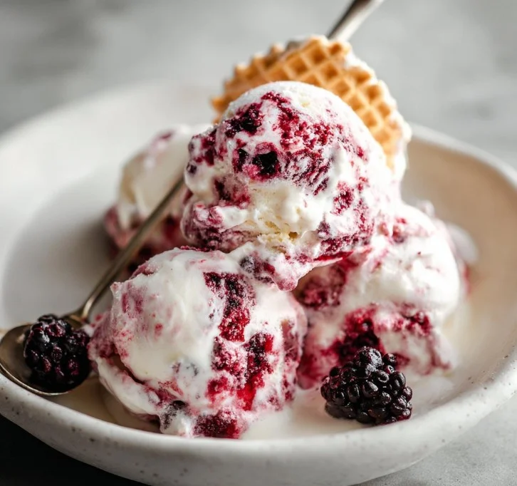 Delicious Blackberry Cheesecake Ice Cream topped with fresh blackberries