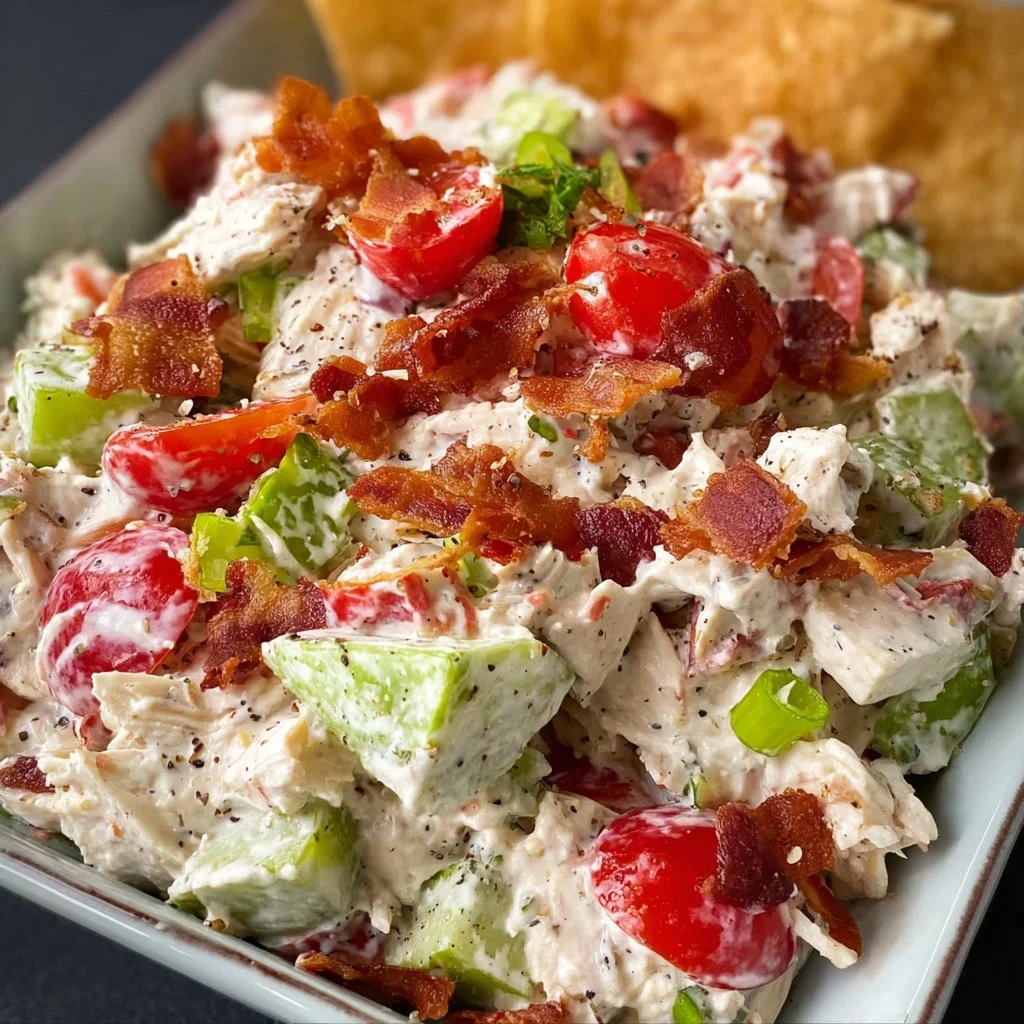 Delicious BLT chicken salad with crispy bacon, fresh lettuce, and juicy tomatoes