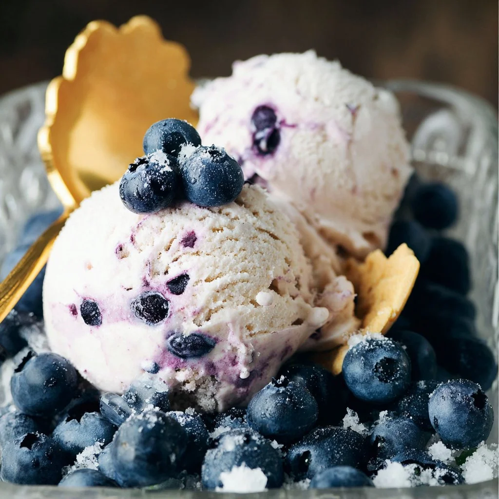 Delicious blueberry pie ice cream topped with fresh blueberries