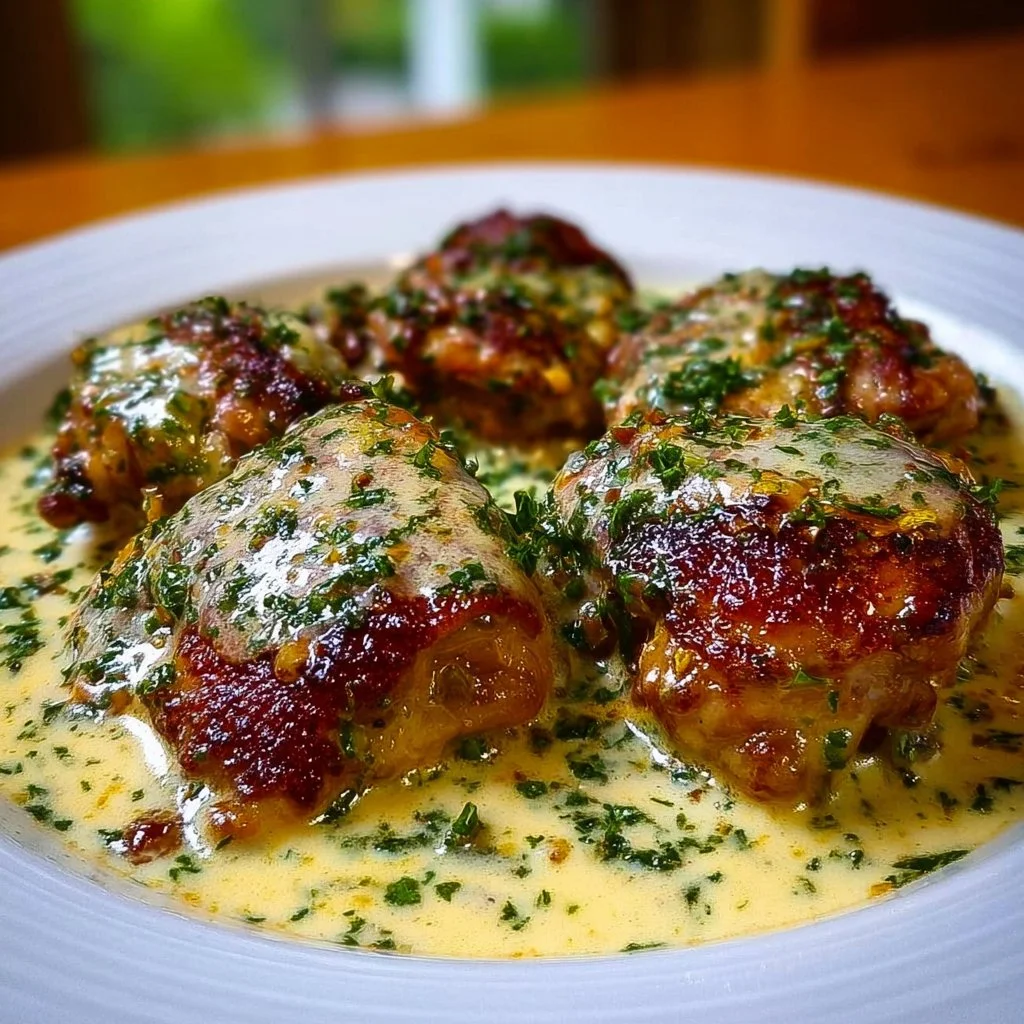 Bobby Flay chicken thighs in creamy garlic sauce on a plate
