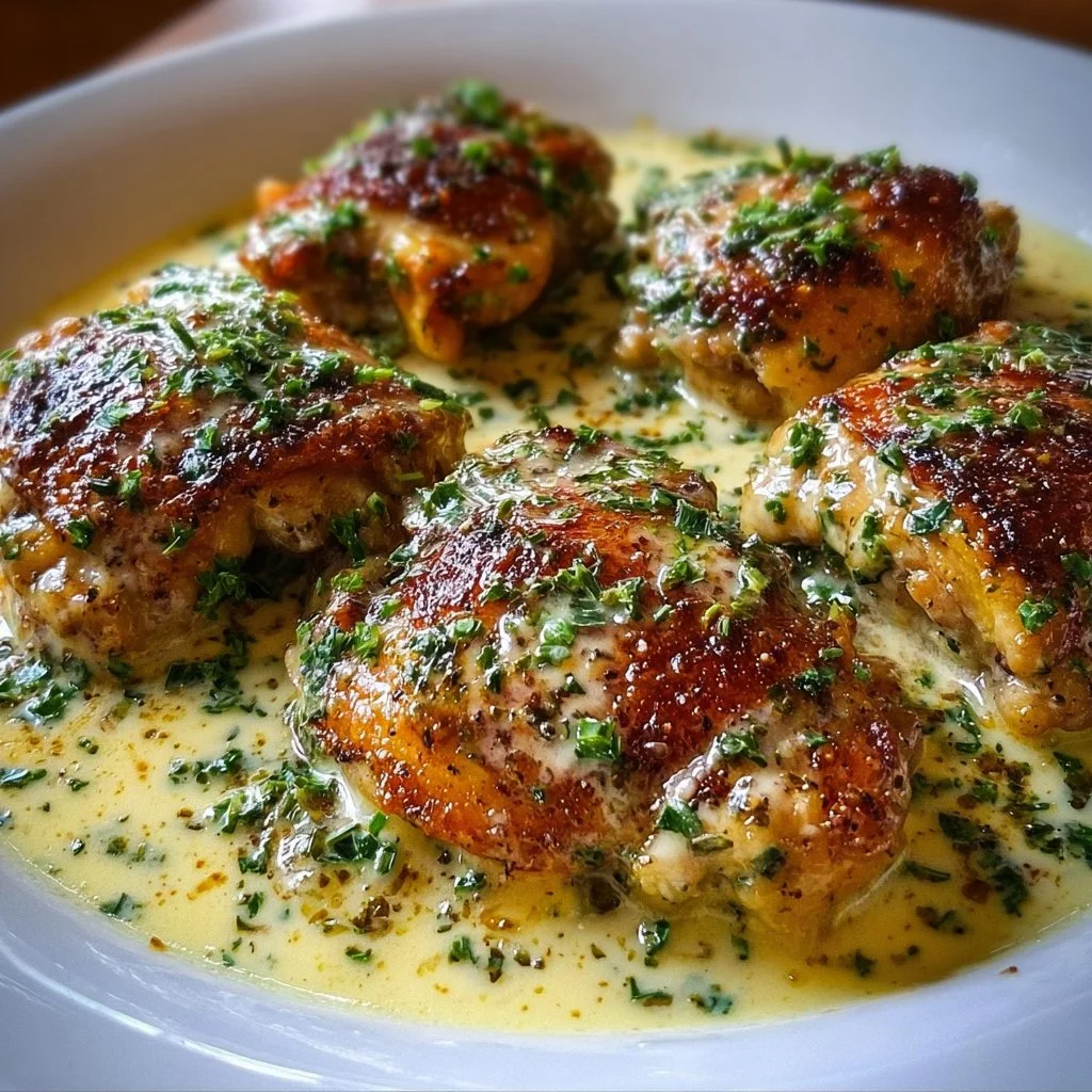 Bobby Flay's chicken thighs served with creamy garlic sauce