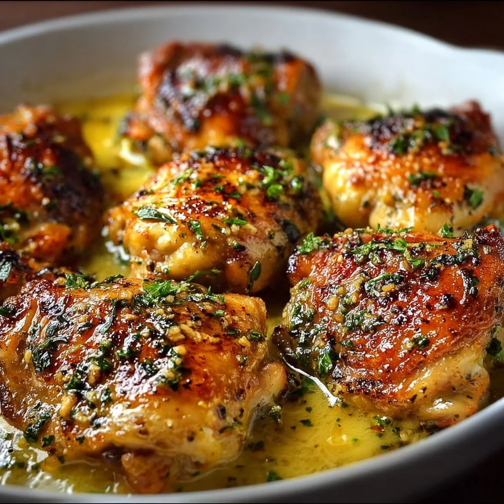 Bobby Flay's chicken thighs with creamy garlic sauce on a plate