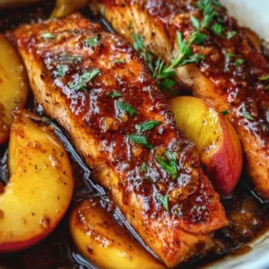 Bourbon Peach Roasted Salmon Delicious Bourbon Peach Roasted Salmon served on a plate with vibrant garnishes.