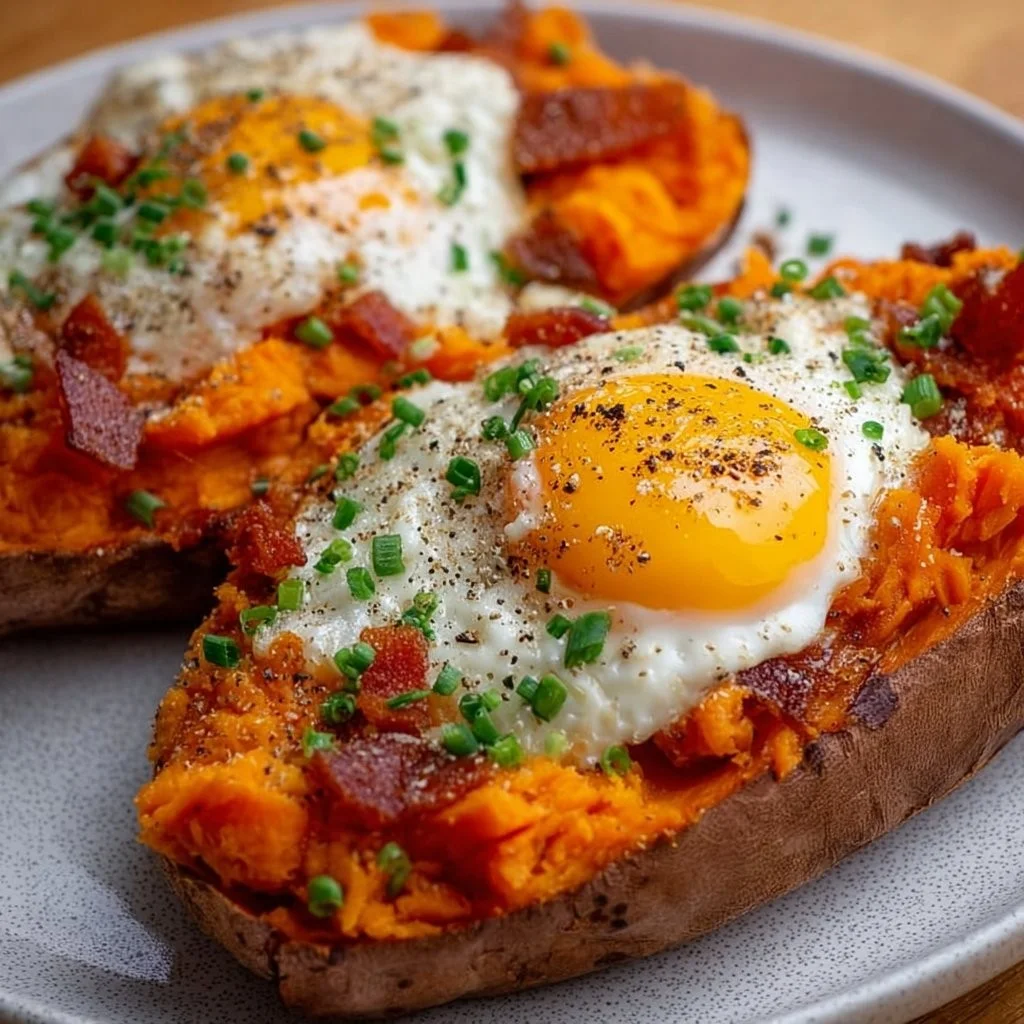 Breakfast sweet potato topped with eggs and herbs in a bowl