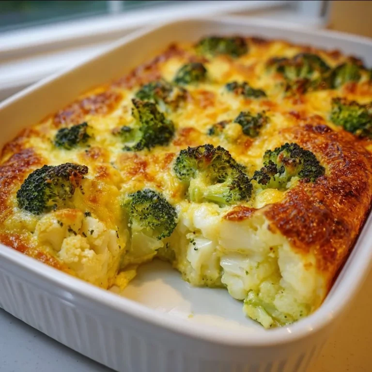 Delicious Broccoli and Cauliflower Cottage Cheese Bake served in a casserole dish