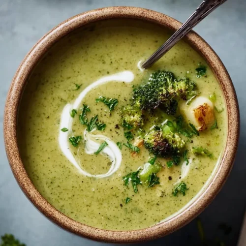 Bowl of creamy broccoli potato soup garnished with fresh herbs.