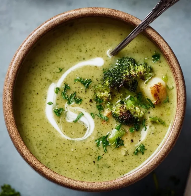 Bowl of creamy broccoli potato soup garnished with fresh herbs.