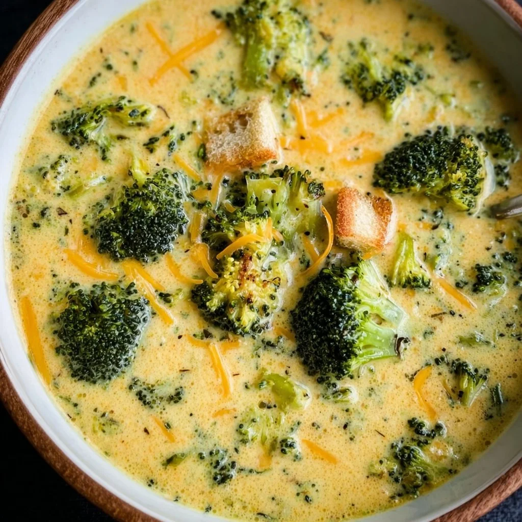 Bowl of delicious Broccoli Cheddar Soup garnished with fresh broccoli florets.