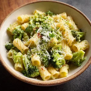 Broccoli Pasta Bowl of broccoli pasta topped with parmesan cheese and fresh herbs