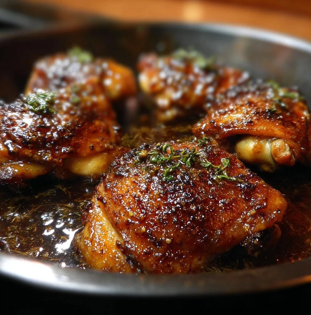 Delicious brown sugar chicken thighs glazed with a sweet sauce.