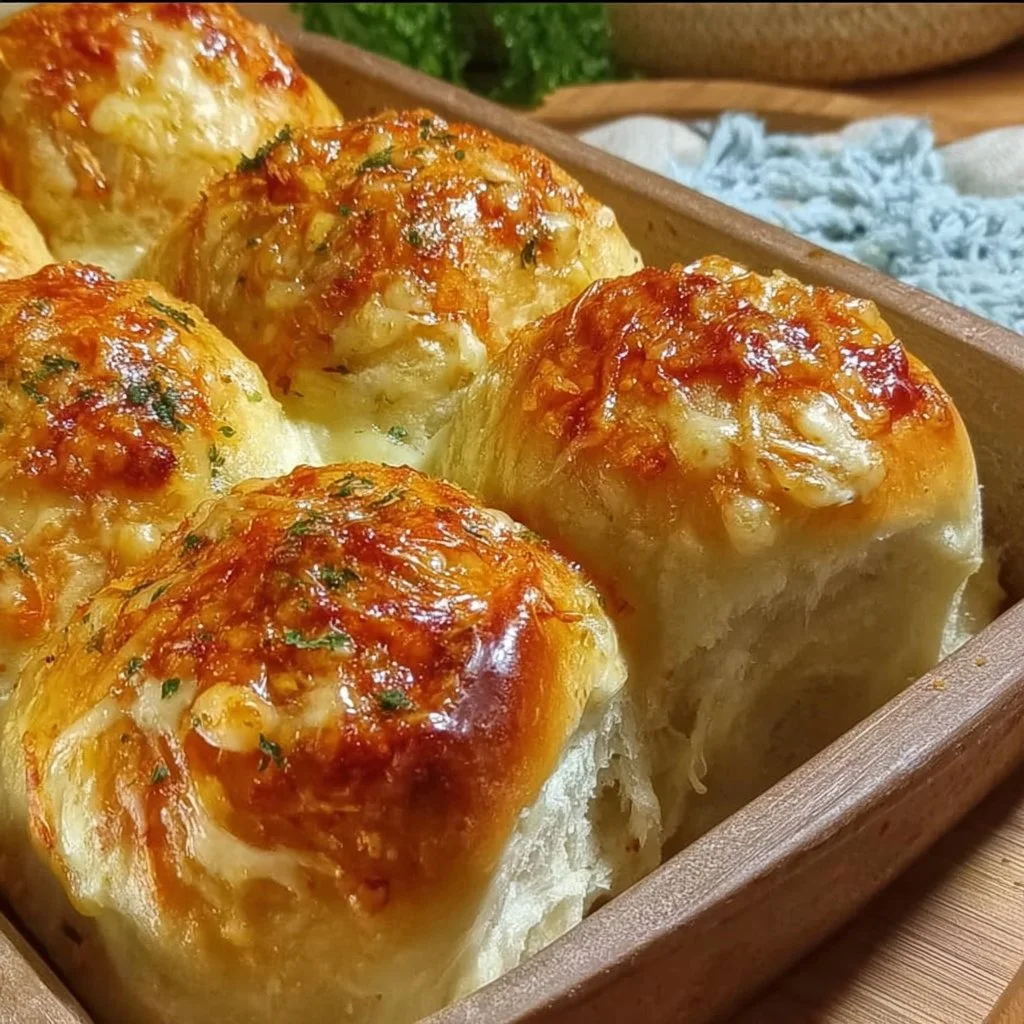 Buttery cheese garlic rolls ready to be served, warm and delicious.
