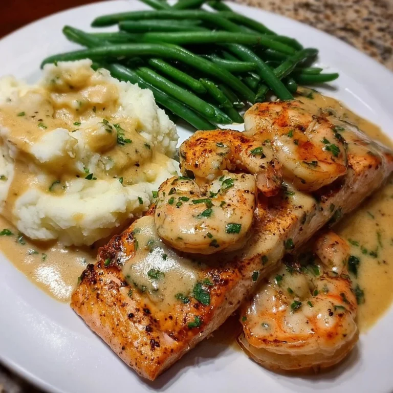 Cajun shrimp and salmon in garlic cream sauce served with mashed potatoes and green beans.