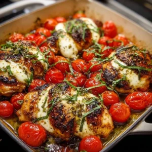 Delicious Caprese Chicken Bake with tomatoes and mozzarella cheese
