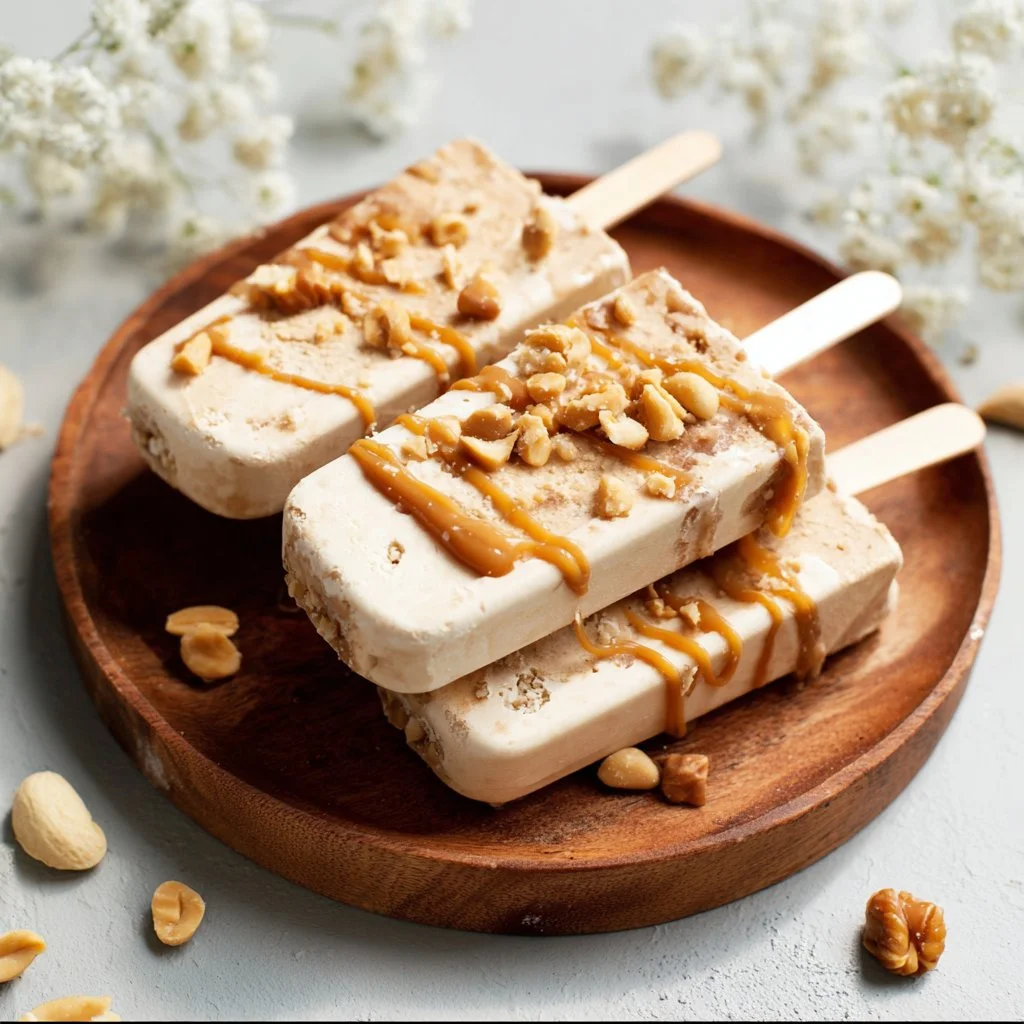 Home Caramel Peanut Crunch Ice Cream Bars with peanuts and caramel drizzle