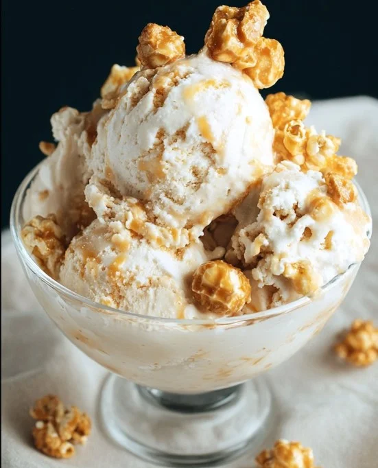 Caramel popcorn crunch ice cream in a bowl, topped with caramel drizzle