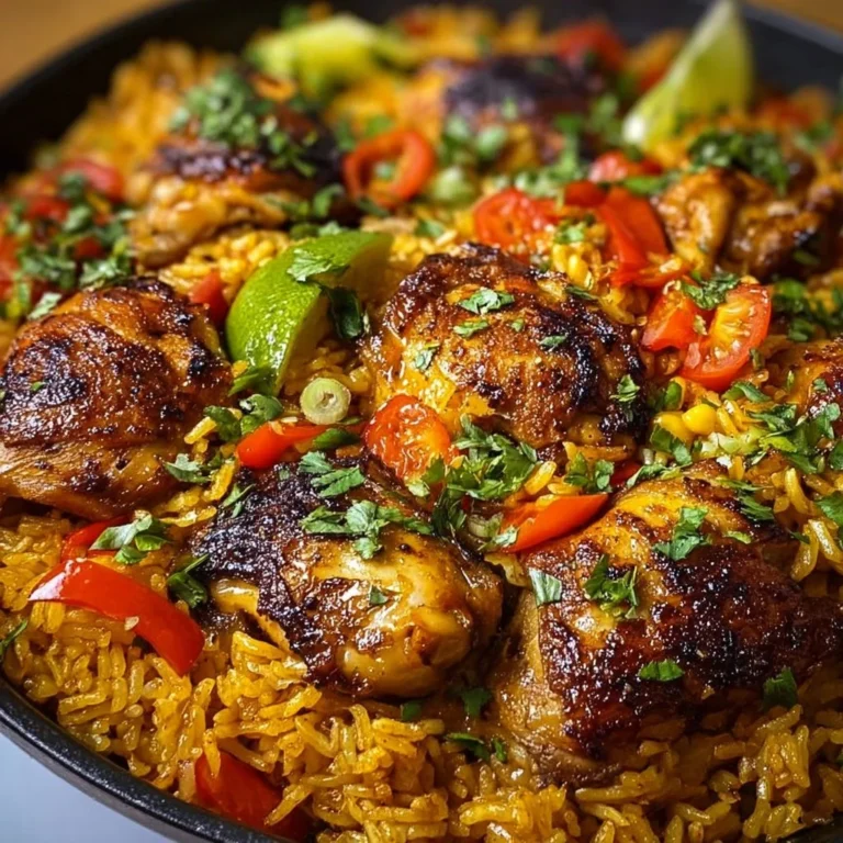 Caribbean One-Pan Chicken and Rice dish garnished with herbs and spices.