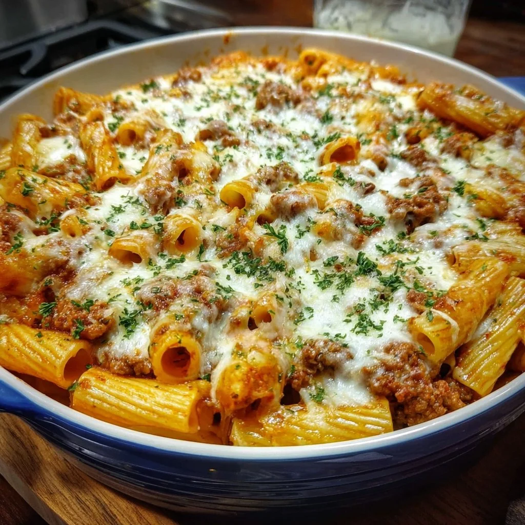 Cheesy baked rigatoni with ground beef in a baking dish