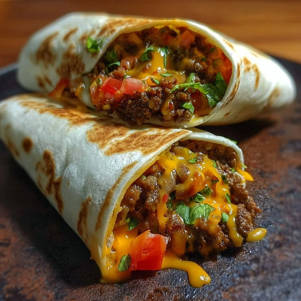 Cheesy beef fiesta wraps with fresh ingredients and melted cheese