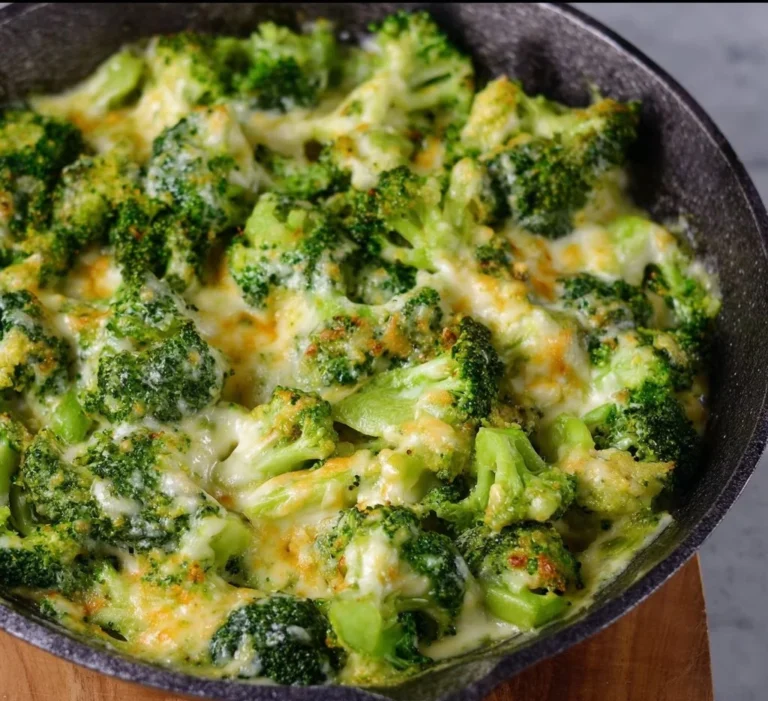 A delicious serving of cheesy broccoli topped with melted cheese and seasonings.