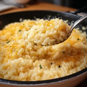 Cheesy Rice: The Creamy Comfort Food You'll Crave! Creamy cheesy rice dish topped with melted cheese and garnished with herbs