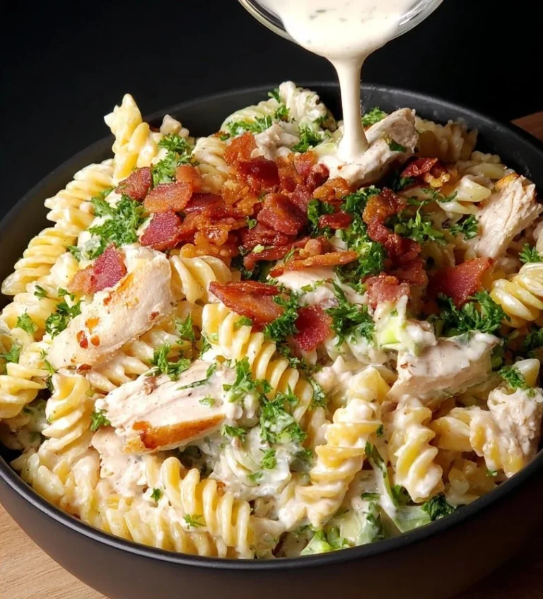 Bowl of Chicken Bacon Ranch Pasta Salad with bacon, chicken, and ranch dressing.