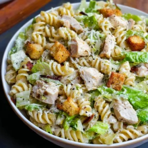 Chicken Caesar Pasta Salad with fresh ingredients and creamy dressing.