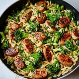 Chicken Sausage, Broccoli, and Orzo Skillet Chicken sausage, broccoli, and orzo skillet dish in a pan