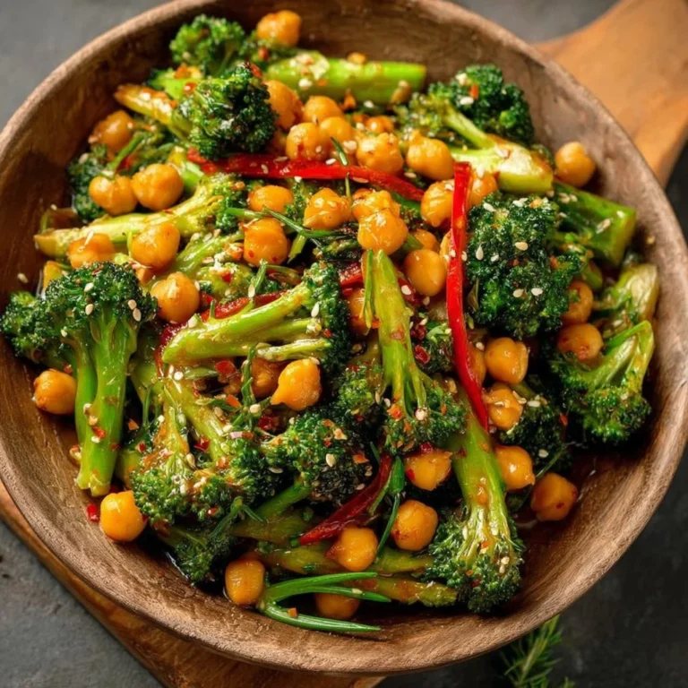 Chickpea Broccoli Stir Fry with Garlic Sauce served in a bowl