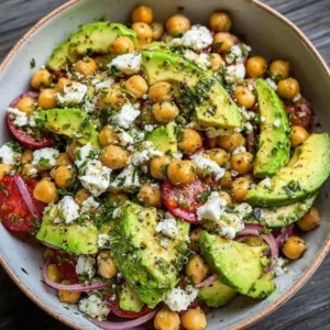 Chickpea Feta Avocado Salad in a bowl, featuring fresh ingredients and vibrant colors.