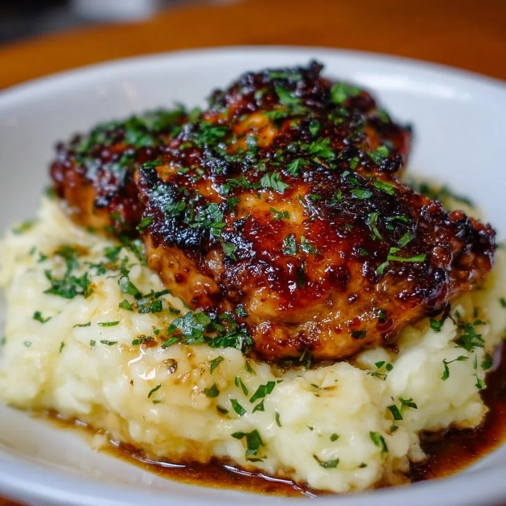 Plate of Chipotle Honey Chicken Thighs with Smoked Gouda Mashed Potatoes