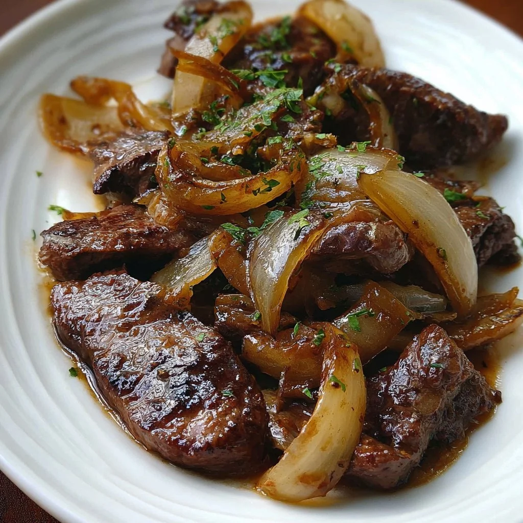 Classic beef liver dish with sautéed onions garnished on a plate