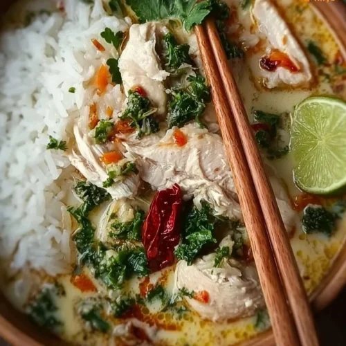 Coconut Chicken Brothy Rice in a cozy one-pot dish, garnished and steaming.