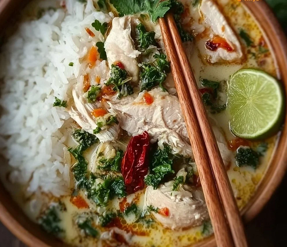 Coconut Chicken Brothy Rice in a cozy one-pot dish, garnished and steaming.