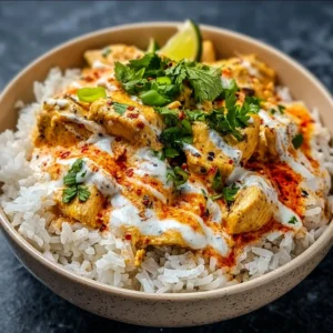 Coconut Chicken Rice Bowl: Creamy Comfort in Every Bite Coconut Chicken Rice Bowl topped with herbs and served in a bowl