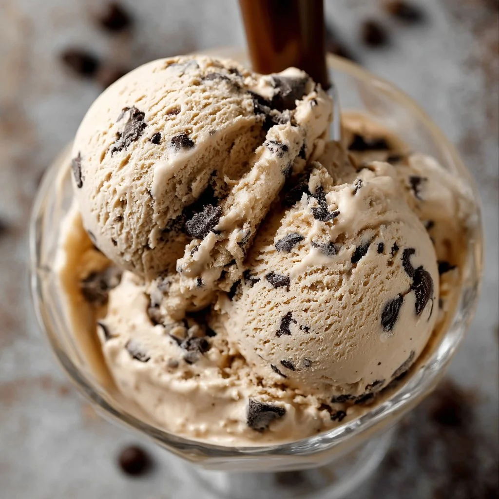 Delicious scoop of coffee chocolate chip ice cream in a bowl.