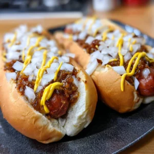 Coney Island Hot Dogs Coney Island hot dogs served with mustard and onions