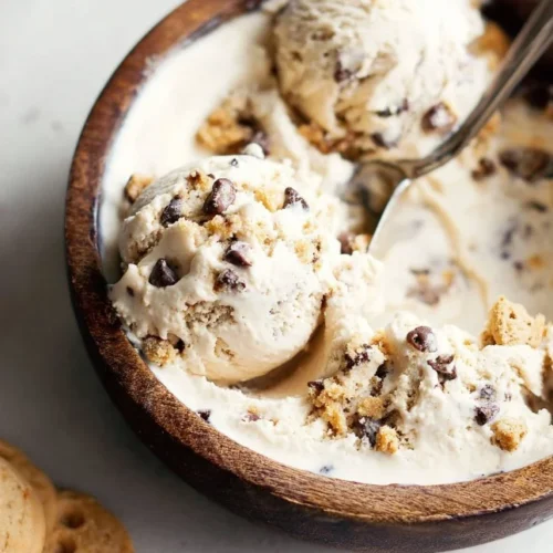 Delicious cookie dough chunks ice cream in a bowl