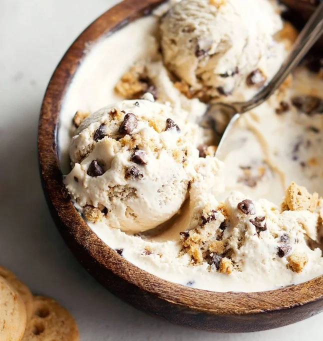 Delicious cookie dough chunks ice cream in a bowl