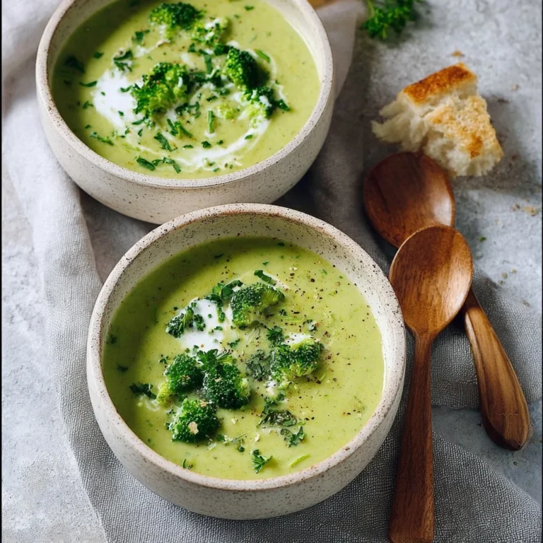 Cream of broccoli soup garnished with fresh herbs in a bowl