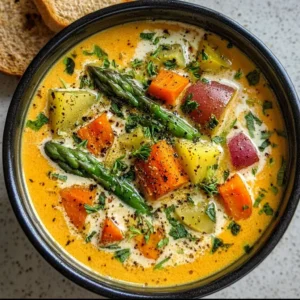 Cream of Spring Vegetable Soup Bowl of creamy spring vegetable soup with fresh ingredients