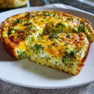 Creamy 5-ingredient broccoli cheddar crustless quiche served on a plate