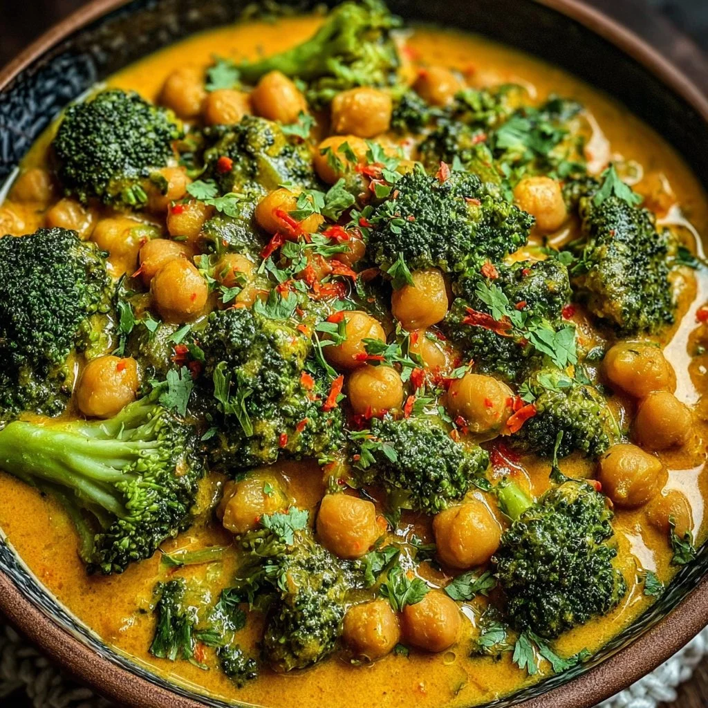 Delicious creamy broccoli chickpea curry served in a bowl