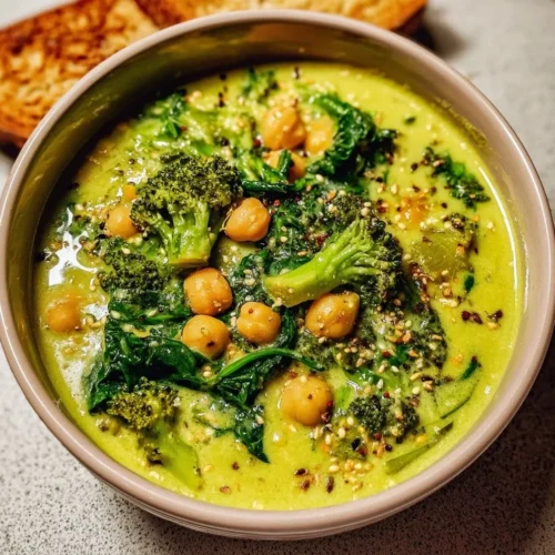Bowl of creamy broccoli chickpea soup with spinach garnished on top