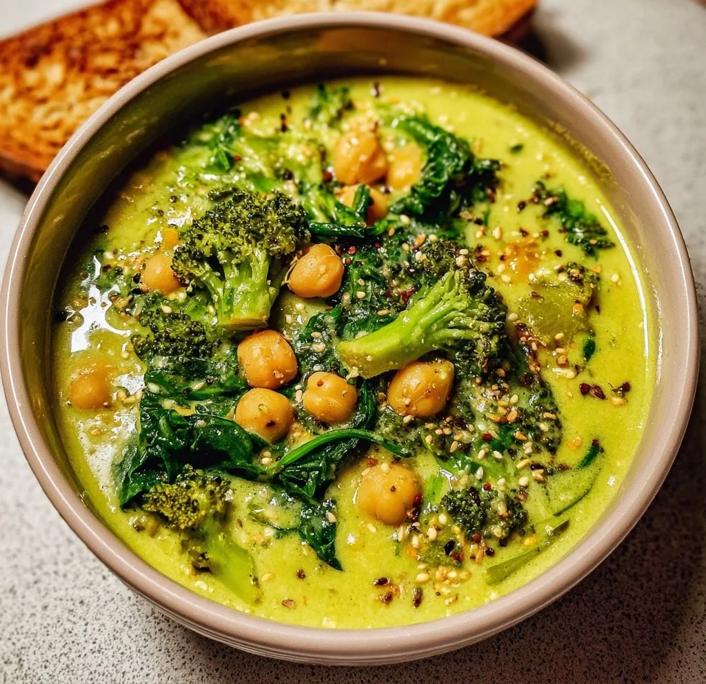 Bowl of creamy broccoli chickpea soup with spinach garnished on top