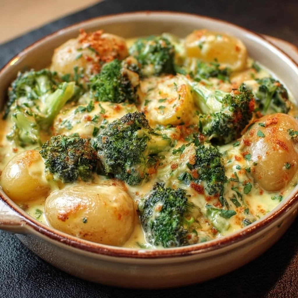 Creamy broccoli potatoes dish with vibrant green broccoli and fluffy potatoes