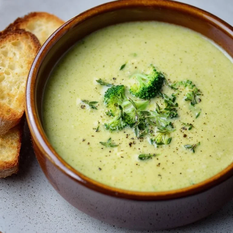 Bowl of creamy broccoli soup garnished with herbs