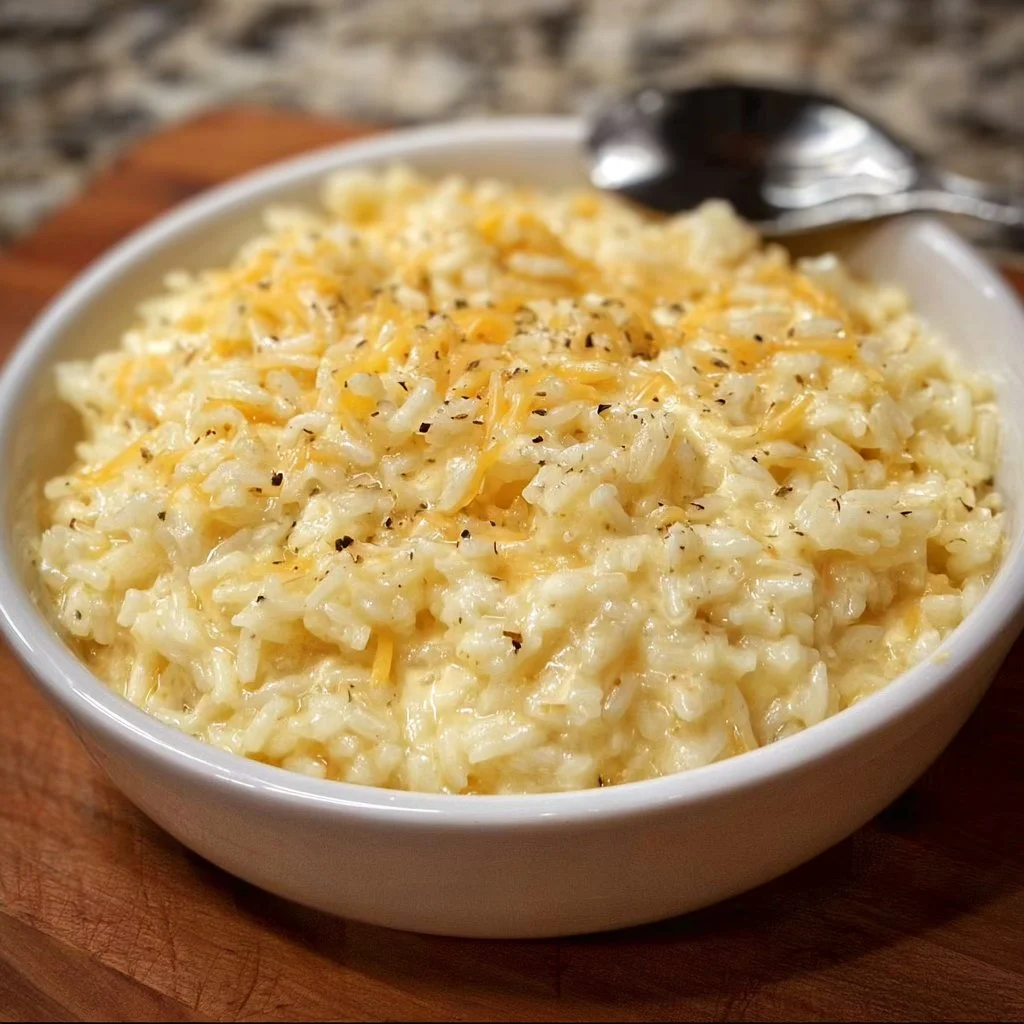 Home Bowl of creamy cheesy rice topped with herbs and cheese for comfort food.
