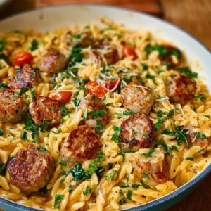 Creamy Chicken Sausage Orzo: A One-Pan Meal Creamy chicken sausage orzo displayed in a bowl, garnished with parsley.